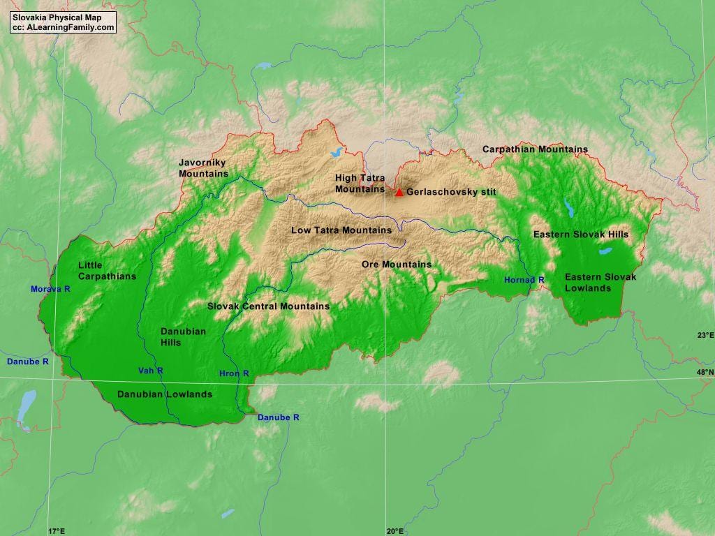 mapa da Eslováquia montanhas