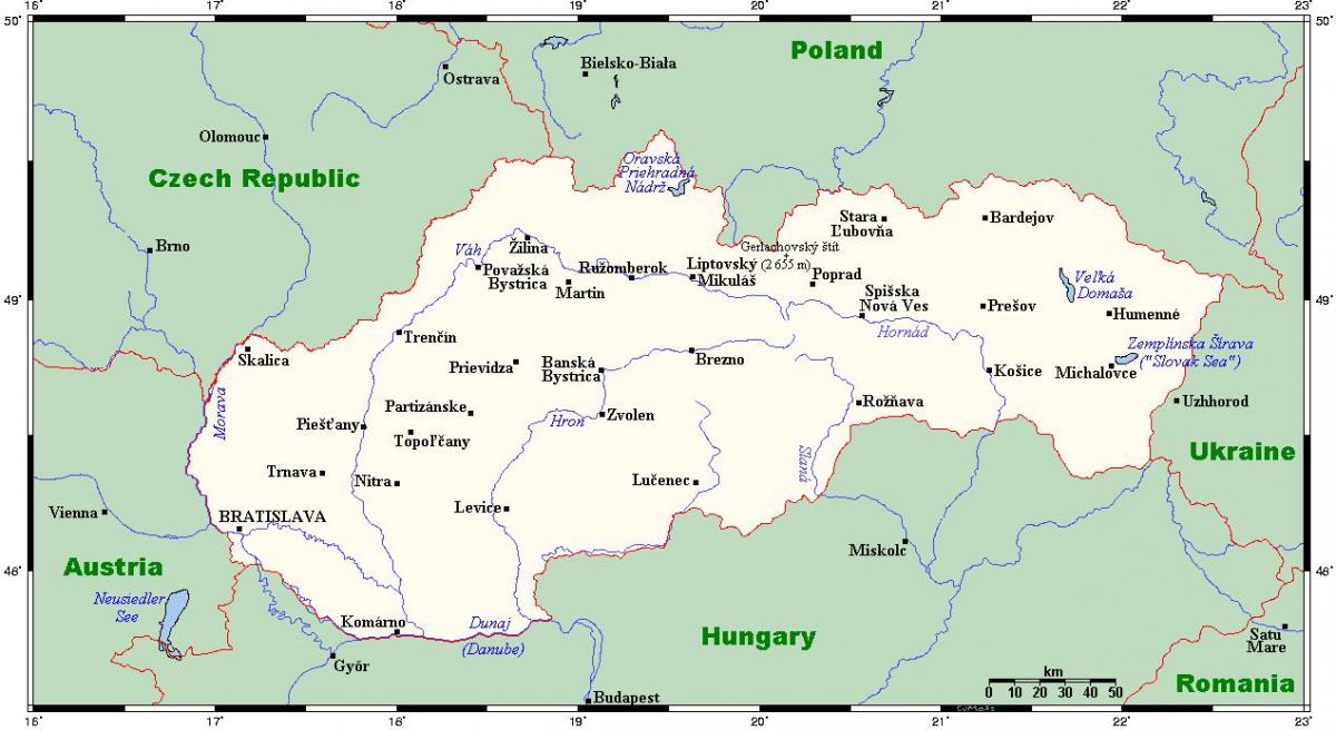 mapa da Eslováquia, com cidades