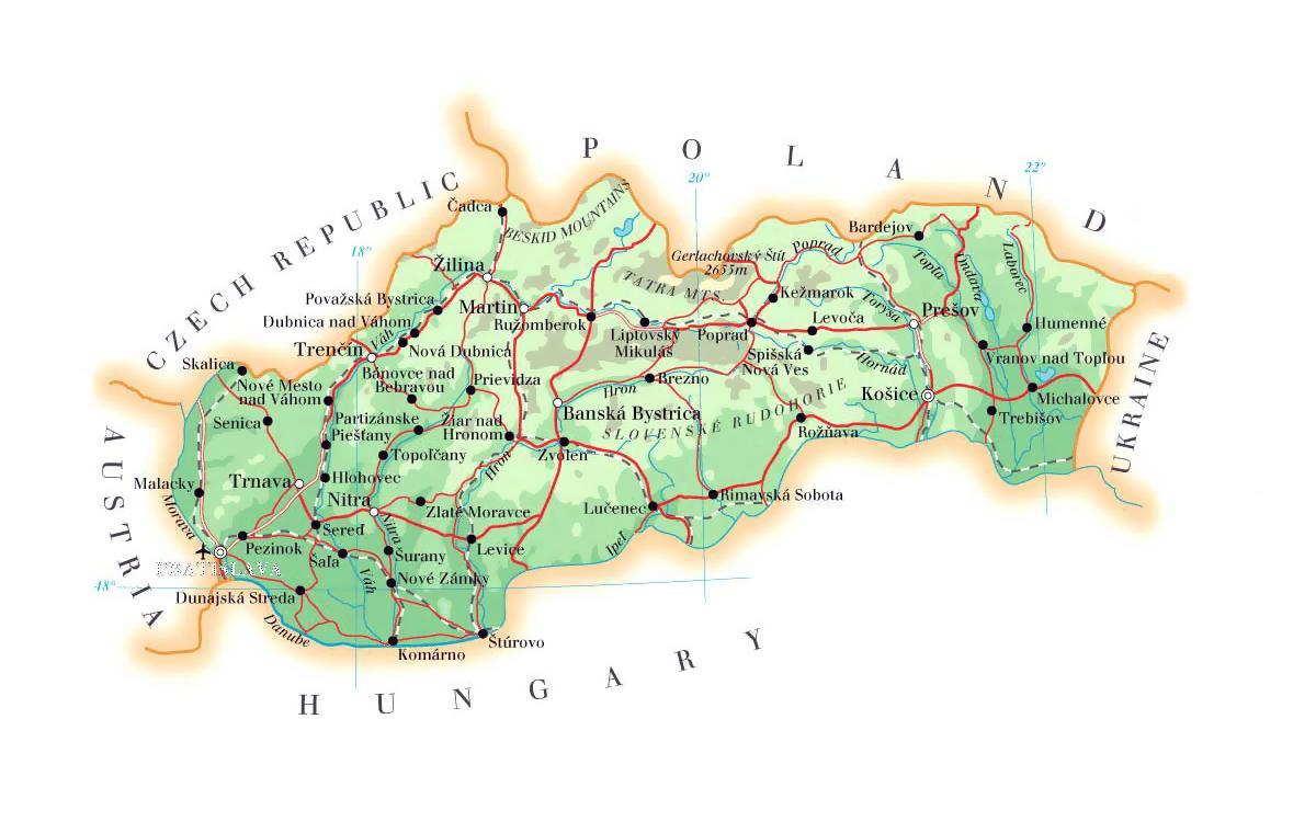 mapa da Eslováquia resorts de esqui.